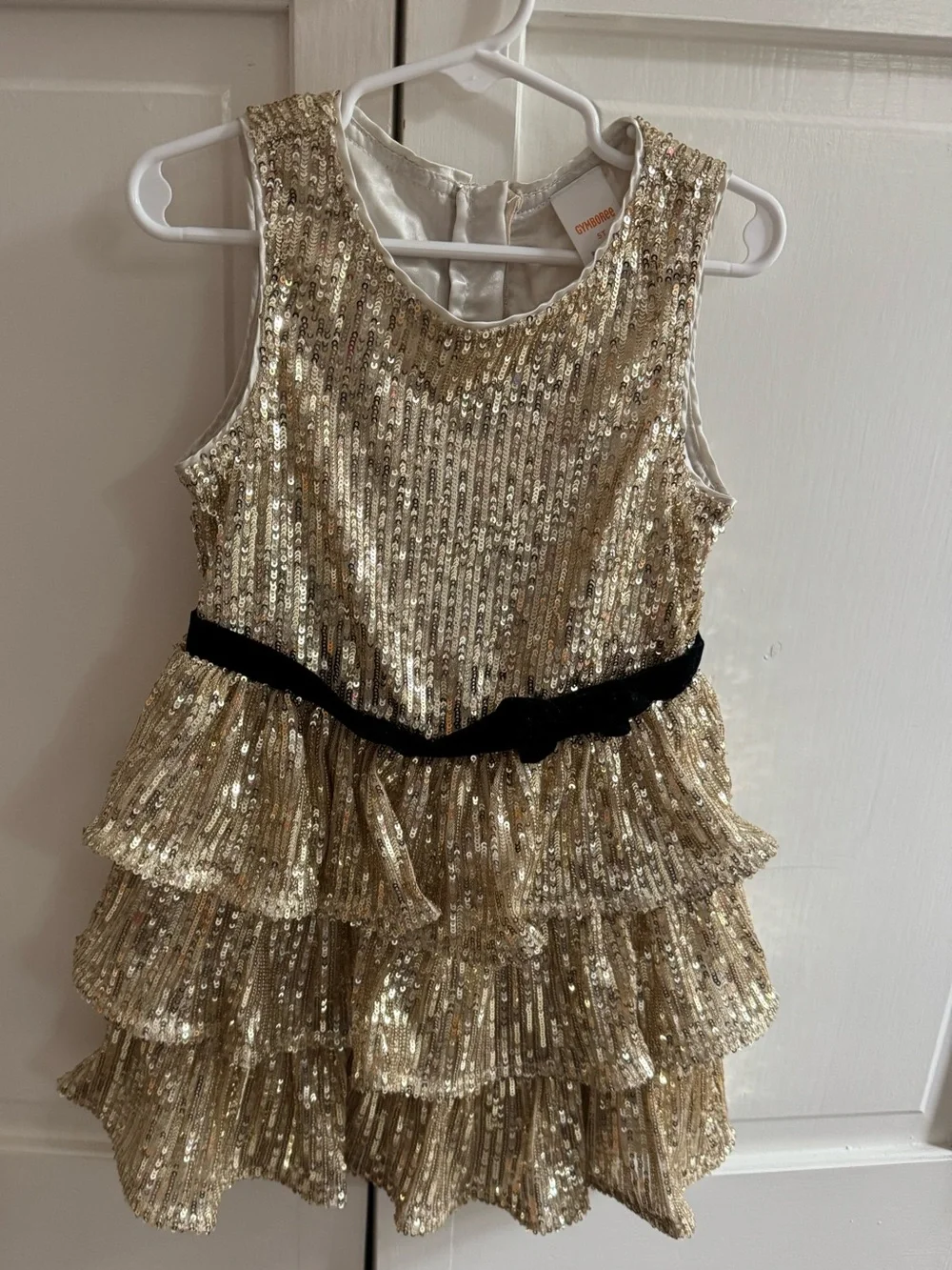 Gymboree Girls Gold Sequin Tiered Party Dress with Black Belt- size 5T